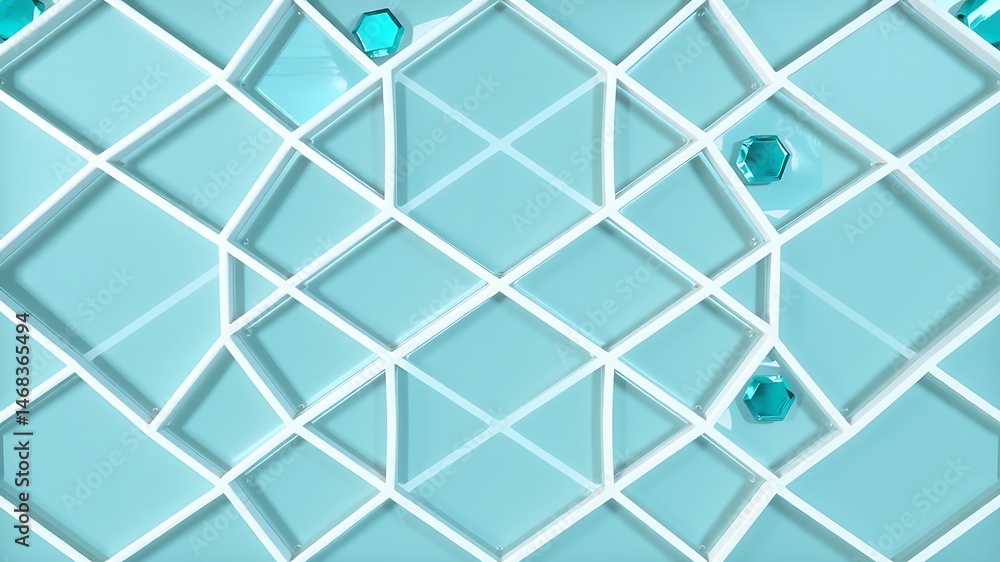 Poster abstract geometric design featuring blue tiles with hexagonal gems and white architectural framework