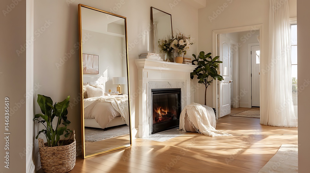Poster a large, full, length mirror with a brass frame, standing on the floor in front of a fireplace and b