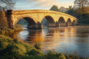 Fototapeta premium Old stone bridge with multiple arches over calm river at sunset surrounded by lush green trees and vegetation