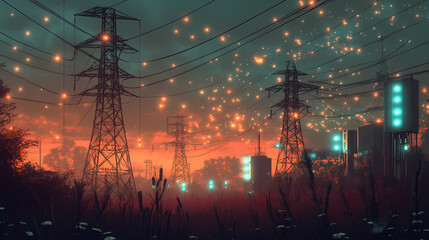 Glowing lines represent artificial intelligence algorithms straining electrical circuits and transformers in a power grid. [Cyber Serenades] | Digital Strains | coded timbre. Illustration