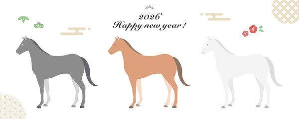 2026年午年の年賀状の素材/馬のベクターイラストセット/シンプルなフラットスタイル