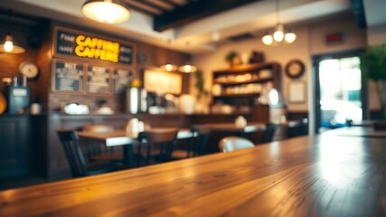Blurred image of coffee shop interior with wooden table and warm atmosphere
