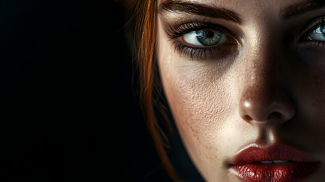 acercamiento del rostro de una mujer con una mirada fija y elegante con ojos azule de tez morena sobre un fondo negro con espacio de copia