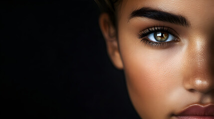 acercamiento del rostro o de la cara de una mujer hermosa con una mirada fija directa con ojos color claro verde claro de tez morena femenina y bella