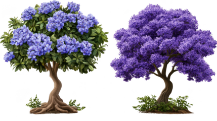 Artistic illustration showcasing two uniquely flowering trees against Transparent Background