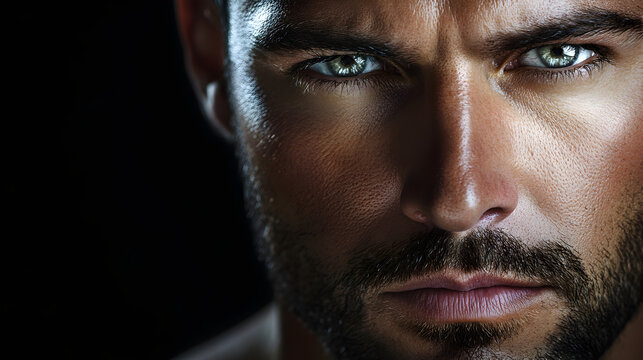 acercamiento del rostro de un hombre apuesto moreno con ojos azules con una mirada fuerte y directa con expresion de fortaleza 