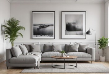 Stylish living room, grey sofa, framed prints on white wall ,  home staging,  style