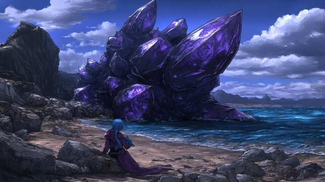 Mystic Amethyst Crystal Formation on Shoreline with Celestial Sky and Figure Meditating in Vibrant Fantasy Coastal Setting