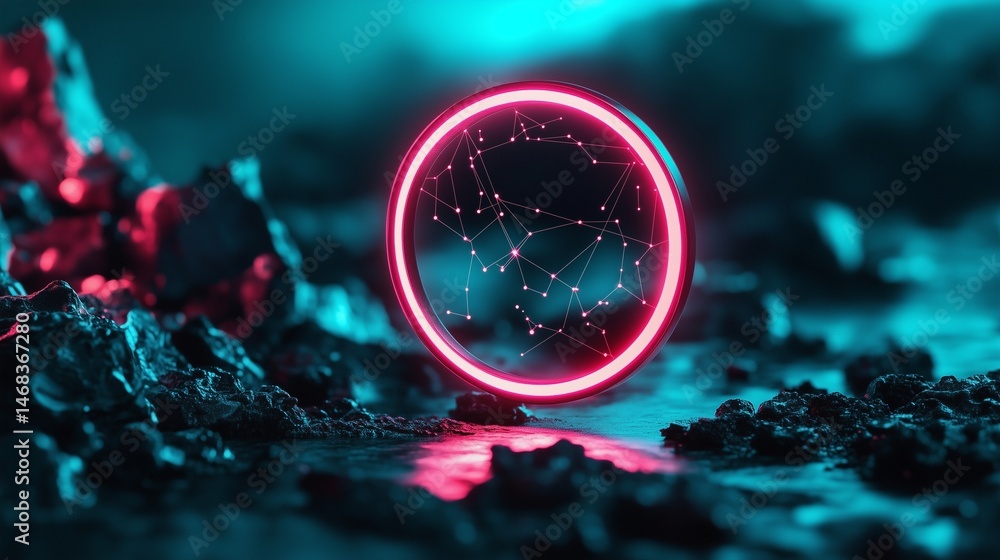 Poster a celestial map of constellations connected by neon-pink data nodes and quantum lines. the parchment