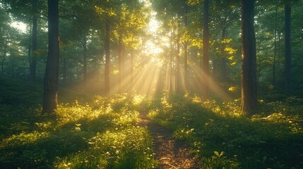 Obraz premium Sunlight streams through a misty forest path.