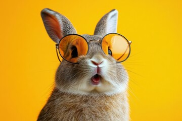 close-up of surprised gray and white rabbit wearing round yellow tinted glasses against bright yellow background