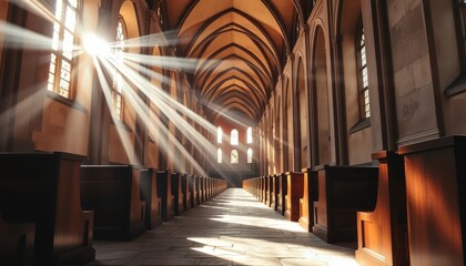 A serene, sunlit church interior with tall, arched ceilings