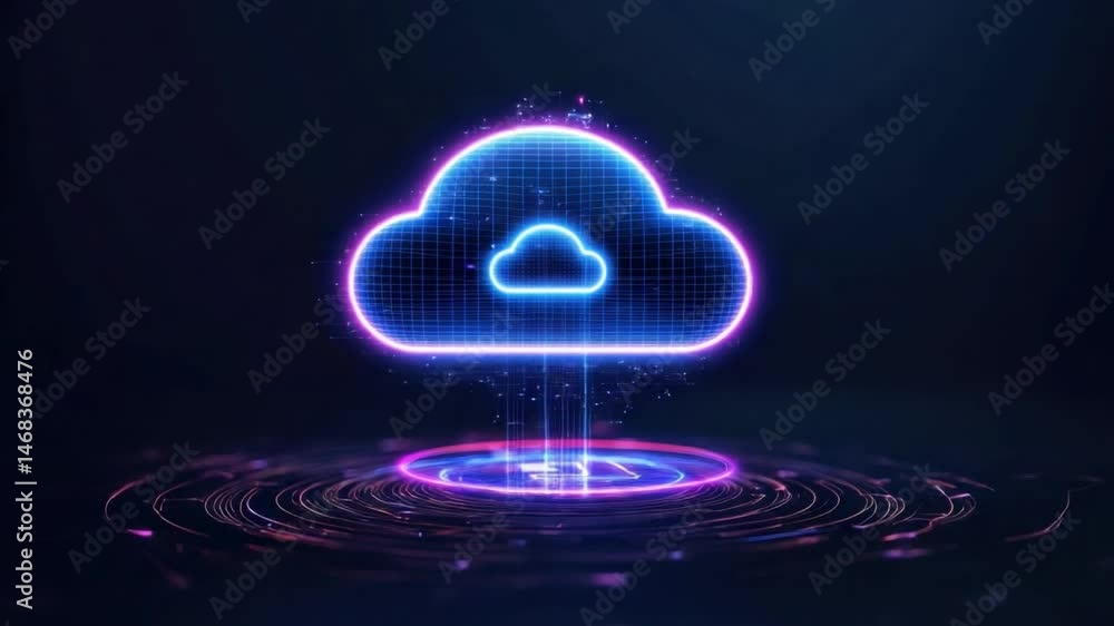 Poster futuristic cloud computing concept with neon effects and digital elements in dark background 4k vide