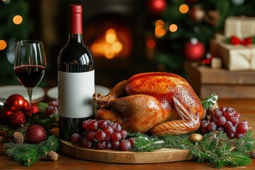 Roasted whole turkey on a wooden board garnished with grapes and pine branches next to a bottle of red wine and a glass with a cozy fireplace and festive decorations in the background