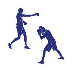 Obraz premium Two boxers are in a boxing match. One boxer is wearing a blue shirt and shorts