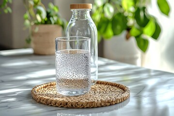 A close-up shot of water cups and tumblers on a table in a house with good lighting. Generative AI
