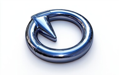 Shiny metallic circular arrow forming a loop on a white background symbolizing rotation or refresh