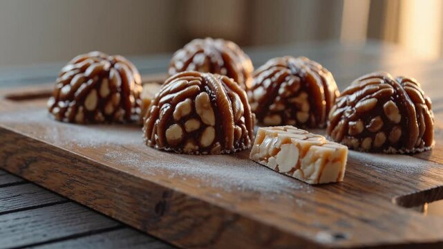 Walnut and nougat sweets displayed on a wooden board with nuts in a bright kitchen setting
