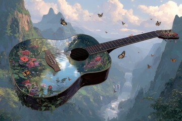 A guitar with a floral and landscape design, amidst a lush mountainous landscape.  Flying butterflies surround it