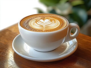 Close-up of a white cup filled with latte coffee featuring heart-shaped foam art on a wooden table with blurred plant background