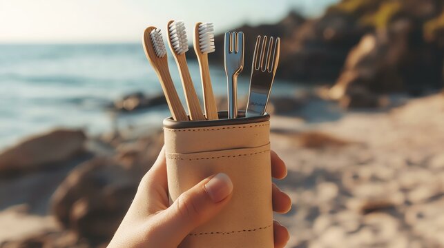Sustainable living essentials: eco-friendly utensils at the beach promoting a clean environment and responsible travel.
