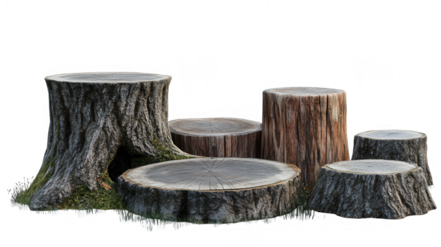 A Collection of Wooden Tree Stumps Against a Black Backdrop for Product Display
