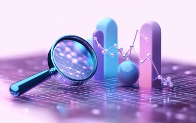 Magnifying glass focusing on 3D futuristic data bars and molecular structure with glowing interconnected nodes on a grid background in soft purple and blue hues