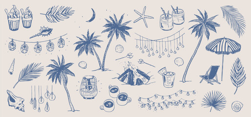 Summer beach, coastal night party doodles. Boho lights, garland and bonfire. Holiday drawings. Hand drawn illustration of drinks, cocktails, palm trees and leaves isolated. Graphic sketches background