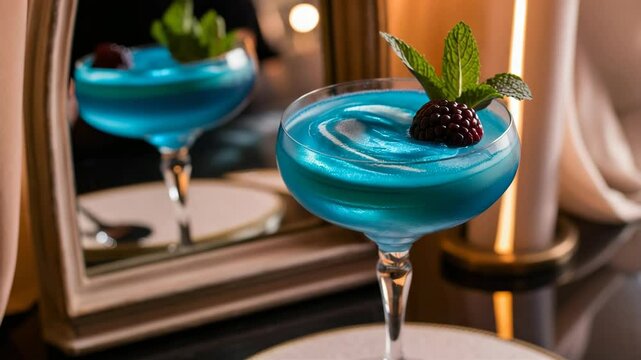 Close-up of a vibrant blue cocktail garnished with blackberry and mint, reflected in a mirror, elegant bar setting