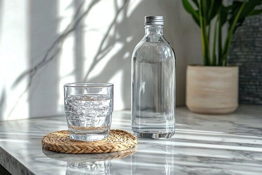 A close-up shot of water cups and tumblers on a table in a house with good lighting. Generative AI
