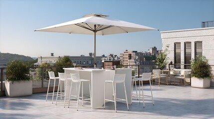 A minimal outdoor bar set with stools with composite frames in white, an umbrella overhead on a trendy rooftop terrace
