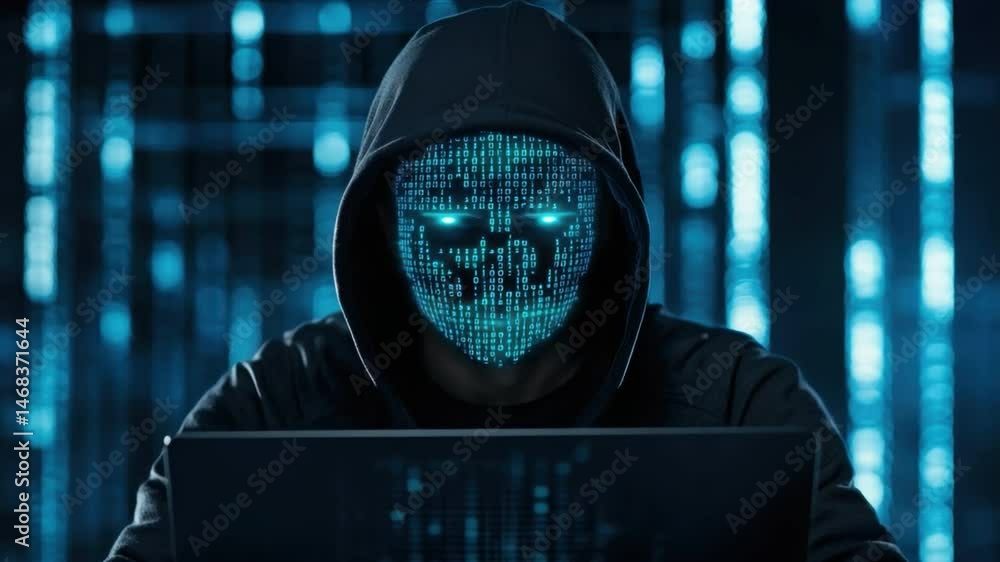 Poster mysterious hacker with glowing digital mask in a dark, cybernetic environment showing data streams a
