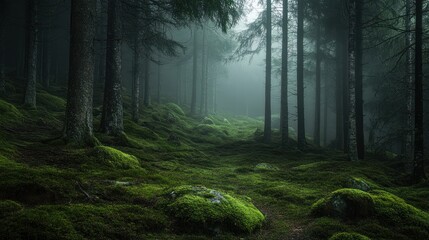 Fototapeta premium Mystical Forest Path: A journey into an Enchanted Woodland landscape in Foggy Scenery