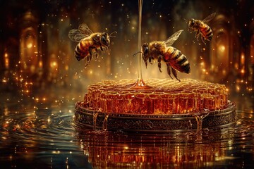 Honeycomb in flight, golden honey, glowing, magical