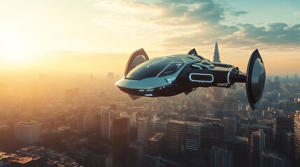 Futuristic Flying Car Soaring Above Cityscape at Sunrise