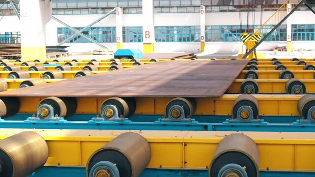 A steel plate moves along a conveyor roller in a steel plant, embodying the concept of steel production and manufacturing.