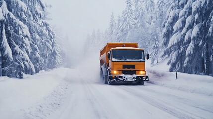 Obraz premium Winter Landscape: Orange Snow Truck on Snowy Road