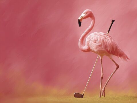 Pink flamingo with golf club on a golf course.