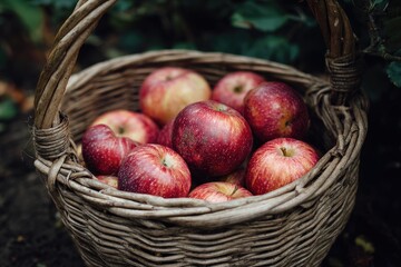 Freshly picked apples in a rustic basket.