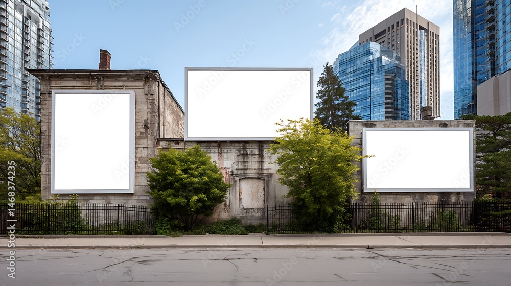 Aufkleber A mockup of three billboards in different sizes, placed next to each other and against an old building facade with trees and buildings in the background