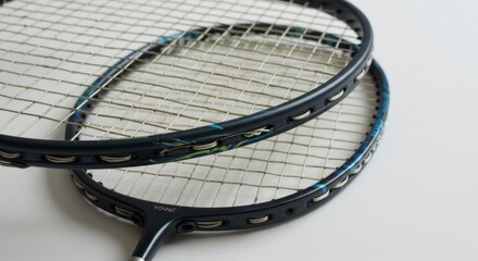 Two badminton rackets laid on a light surface