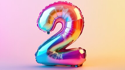 Shimmering iridescent number two balloon against a gradient background