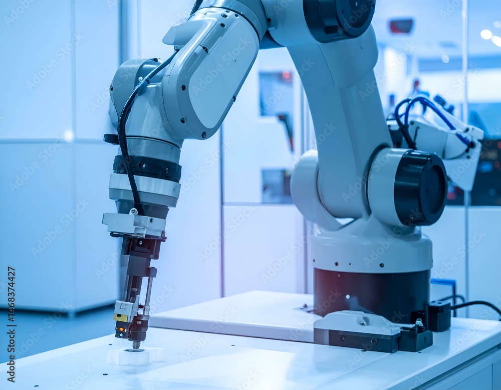 Poster industrial robot arm performing a precise task on a white surface. a close-up view showcasing its in