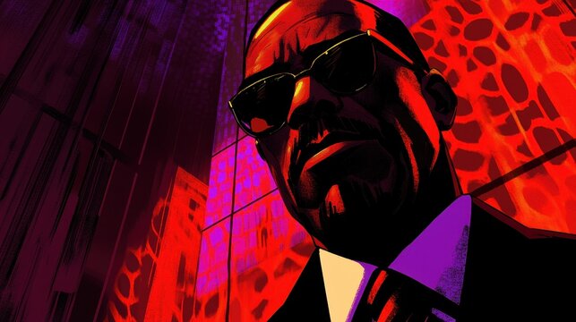 Intense portrait art dark and striking figure in angular glasses with powerful expressionism and strong vibrant colors scheme aesthetic