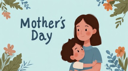 A heartwarming Mother's Day illustration featuring a loving embrace between a mother and child, framed by delicate floral elements