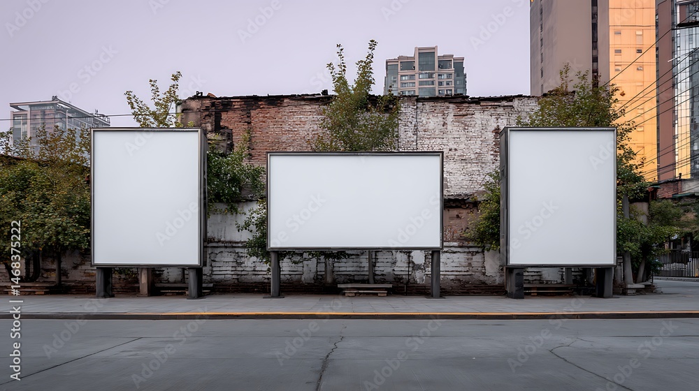Aufkleber A mockup of three billboards in different sizes, placed next to each other and against an old building facade with trees and buildings in the background