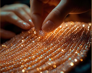 Close-up of hands arranging beaded necklace
