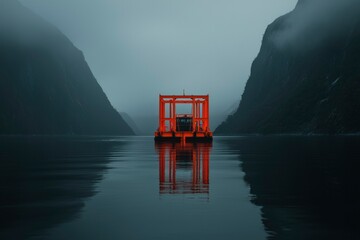 Red structure on calm fjord