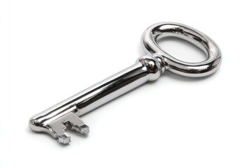Shiny metal key on a white background.