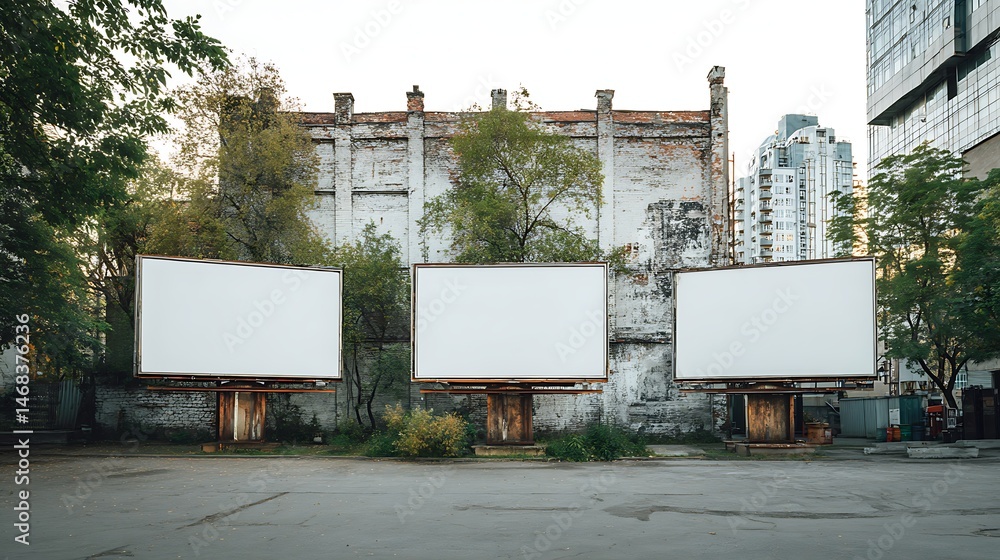 Aufkleber A mockup of three billboards in different sizes, placed next to each other and against an old building facade with trees and buildings in the background